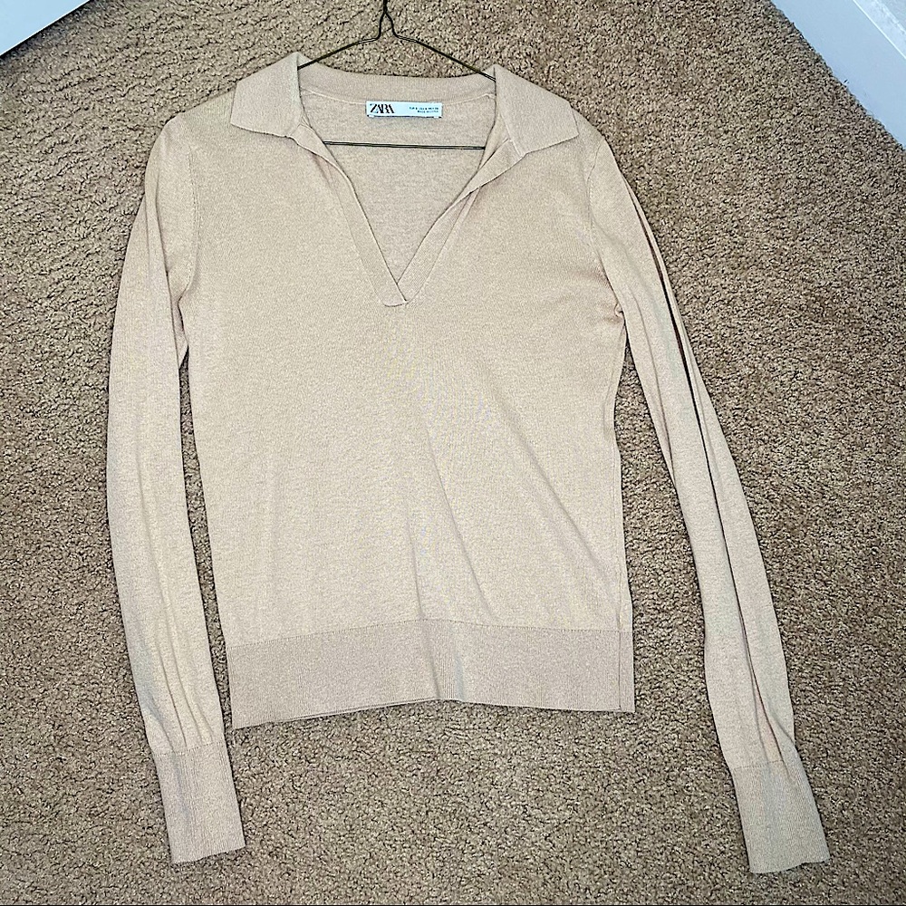 ZARA CREAM NEUTRAL COLLARED HENLEY KNIT TOP SM